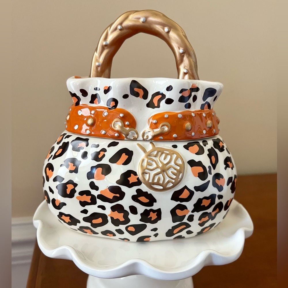 Davids Cookies Purse Jars-Vintage handpainted Ceramic Brown/Orange Leopard.